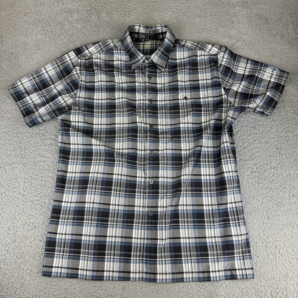 KUHL Men's Large Blue Plaid Short Sleeve Button Up Shirt Outdoor Pockets